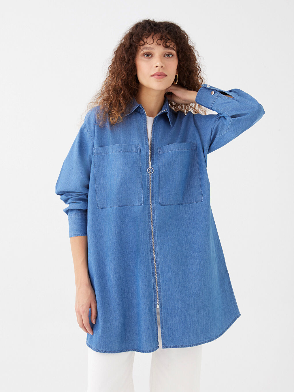 Collared Neck Plain Long Sleeve Women's Denim Tunic