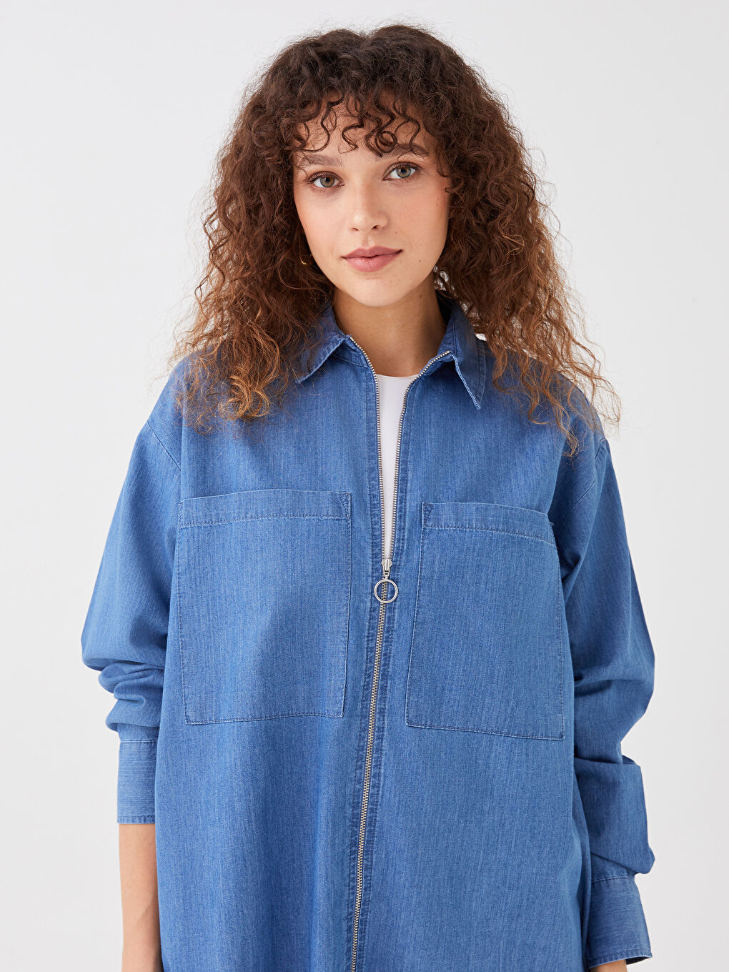 Collared Neck Plain Long Sleeve Women's Denim Tunic-1