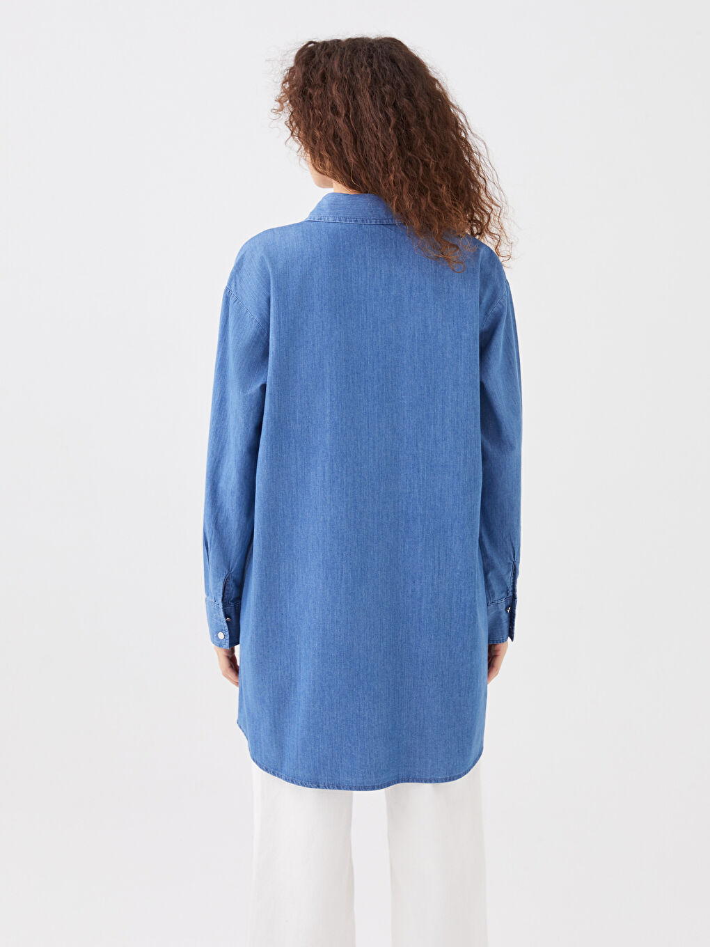 Collared Neck Plain Long Sleeve Women's Denim Tunic-2