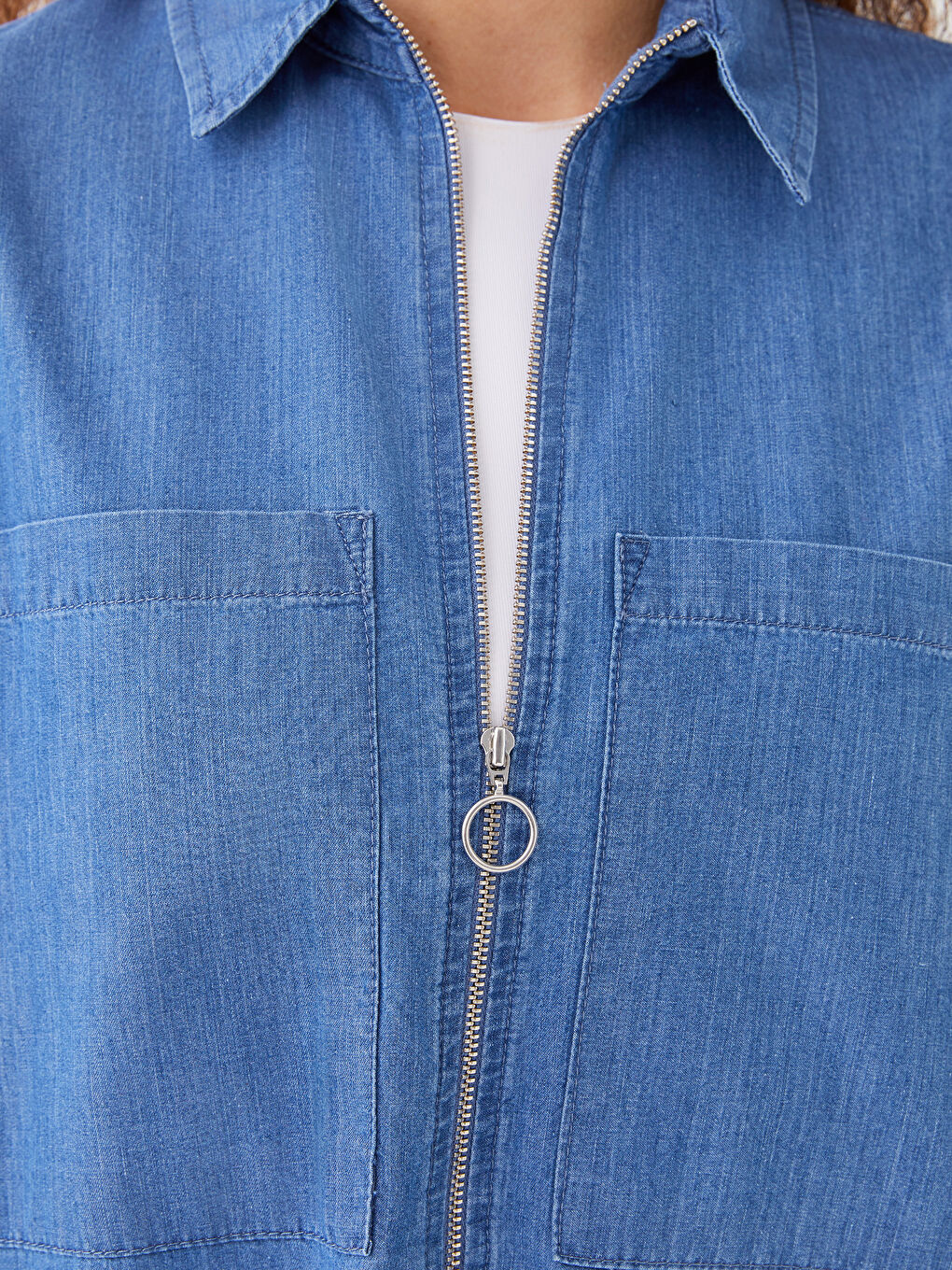 Collared Neck Plain Long Sleeve Women's Denim Tunic-3