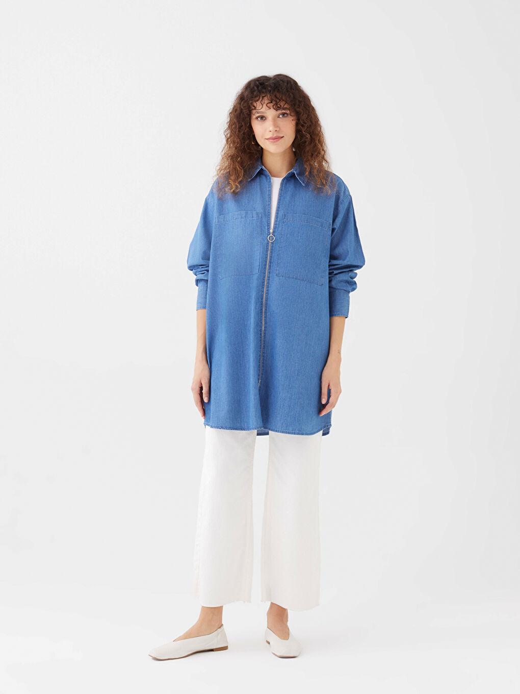 Collared Neck Plain Long Sleeve Women's Denim Tunic-4