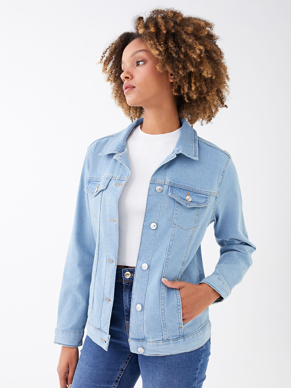 İndigo Gömlek Yaka Kadın Jean Ceket