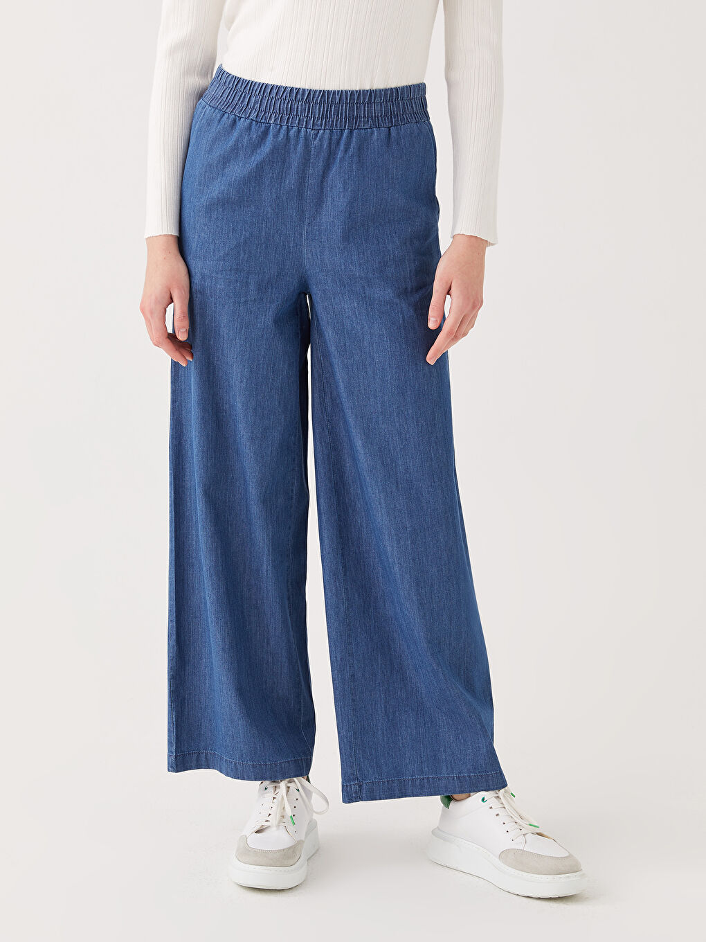 Women's Elastic Waist Wideleg Straight Jean Trousers-2