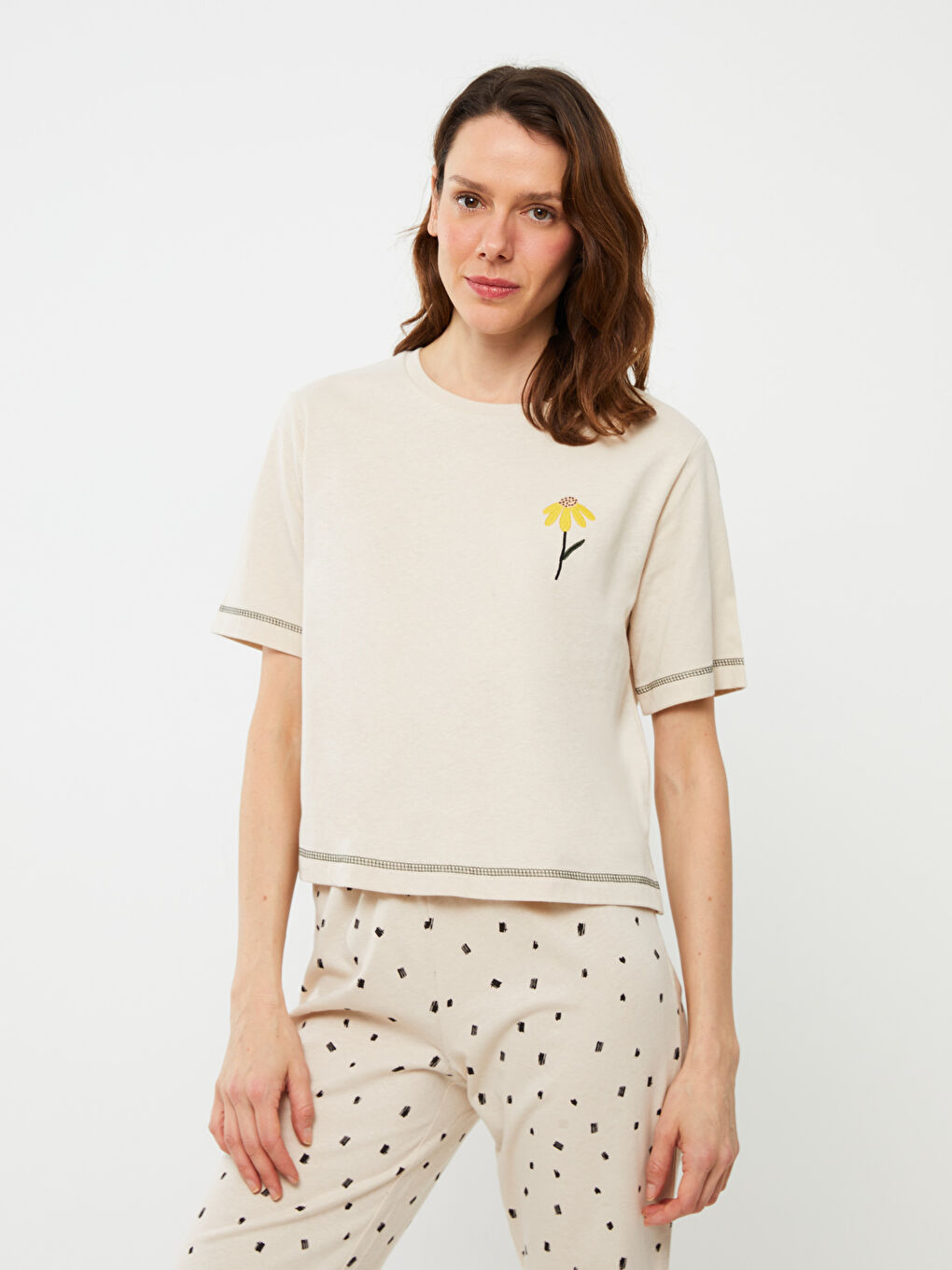 Bej Petite Bisiklet Yaka Desenli Kısa Kollu Kadın Kaprili Pijama Takımı-2