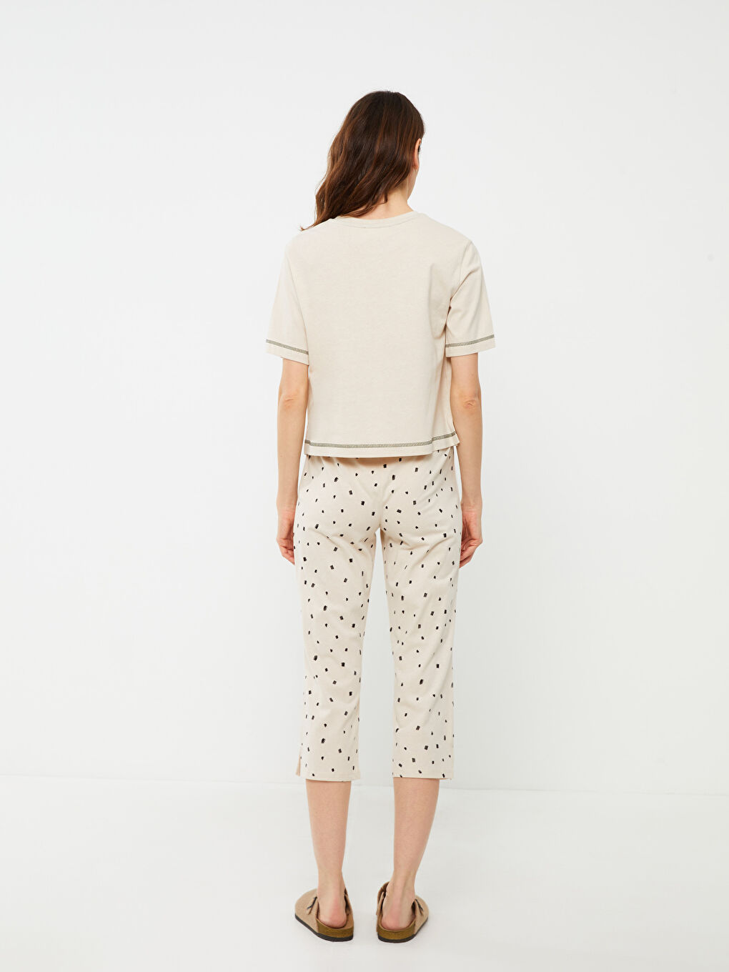 Bej Petite Bisiklet Yaka Desenli Kısa Kollu Kadın Kaprili Pijama Takımı-5