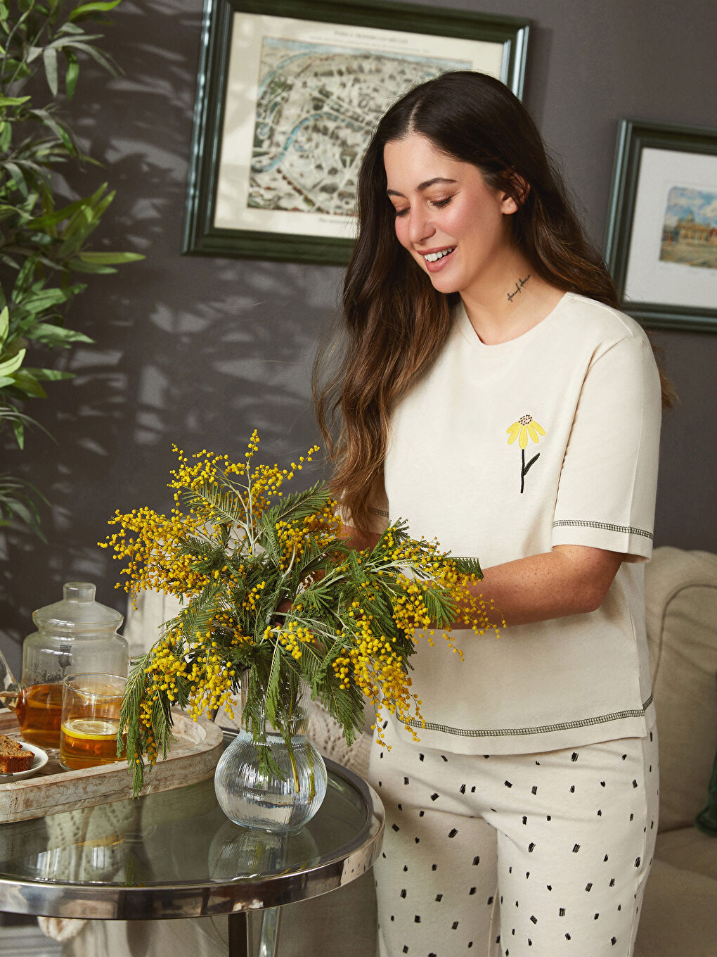 Bej Petite Bisiklet Yaka Desenli Kısa Kollu Kadın Kaprili Pijama Takımı