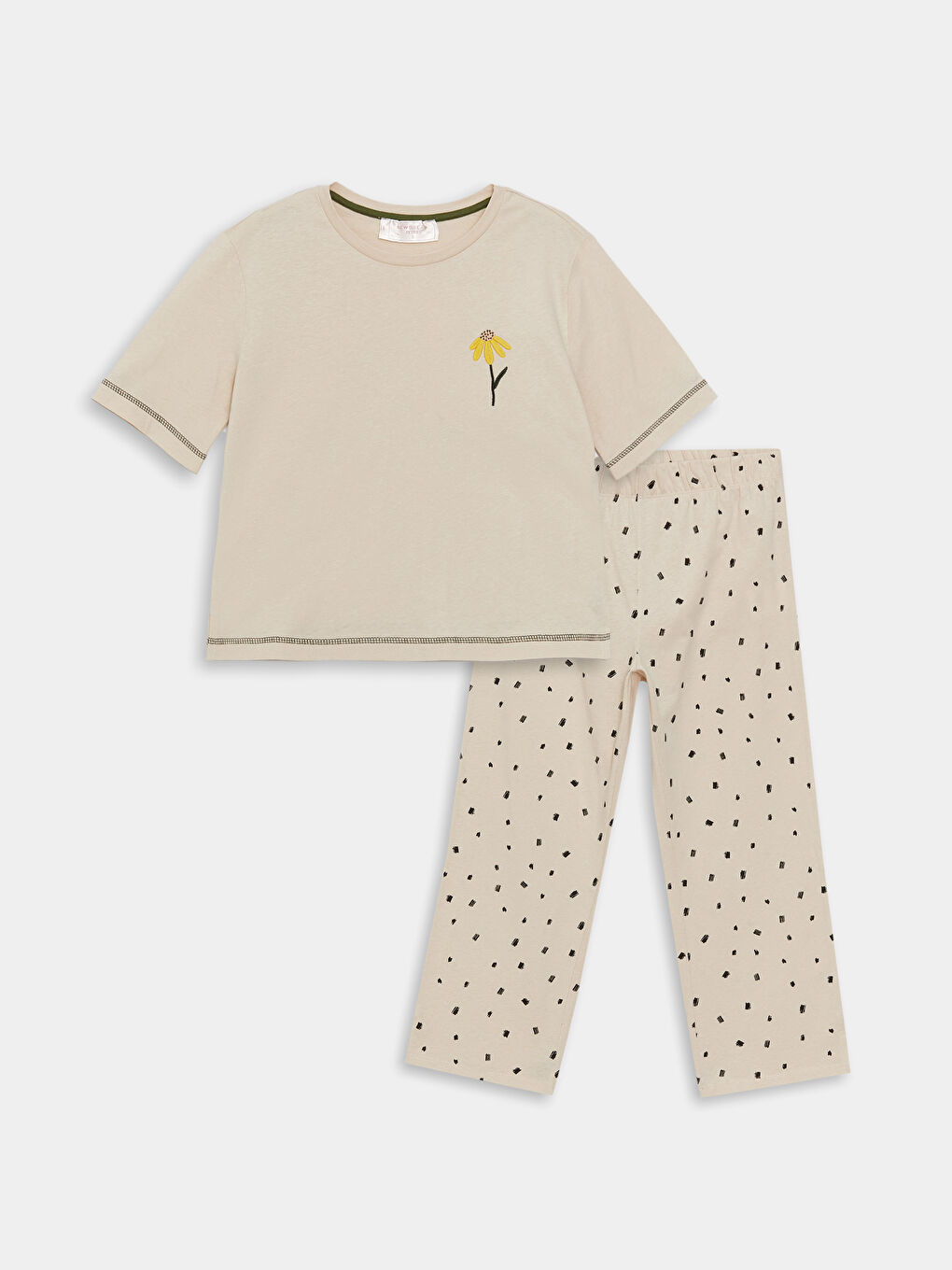 Bej Petite Bisiklet Yaka Desenli Kısa Kollu Kadın Kaprili Pijama Takımı-6