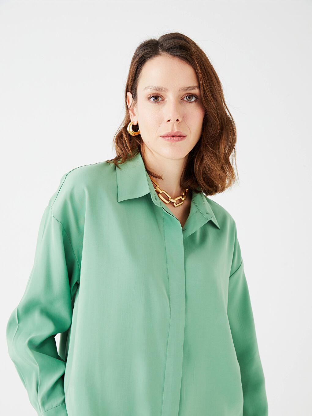 Yeşil Düz Uzun Kollu Kadın Gömlek Tunik-1