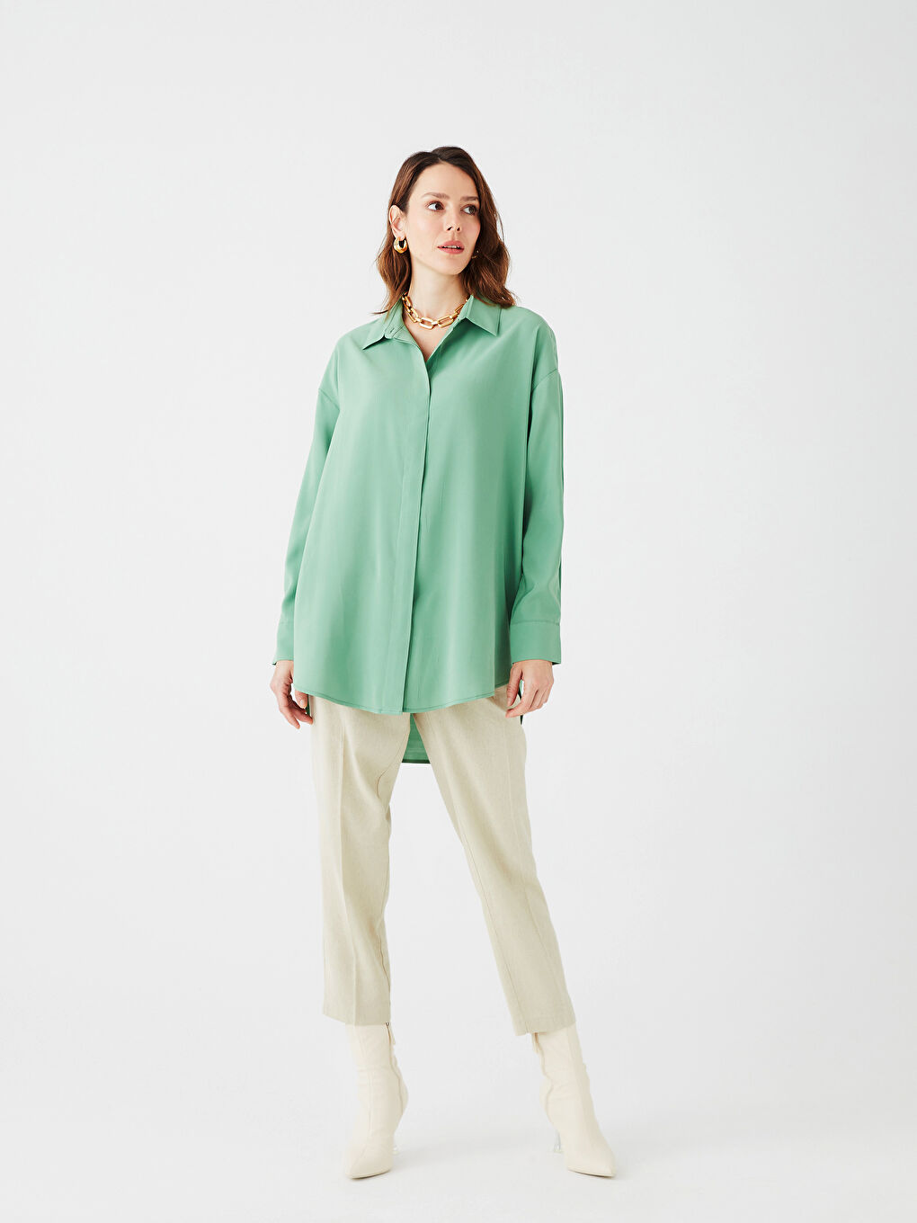 Yeşil Düz Uzun Kollu Kadın Gömlek Tunik-2