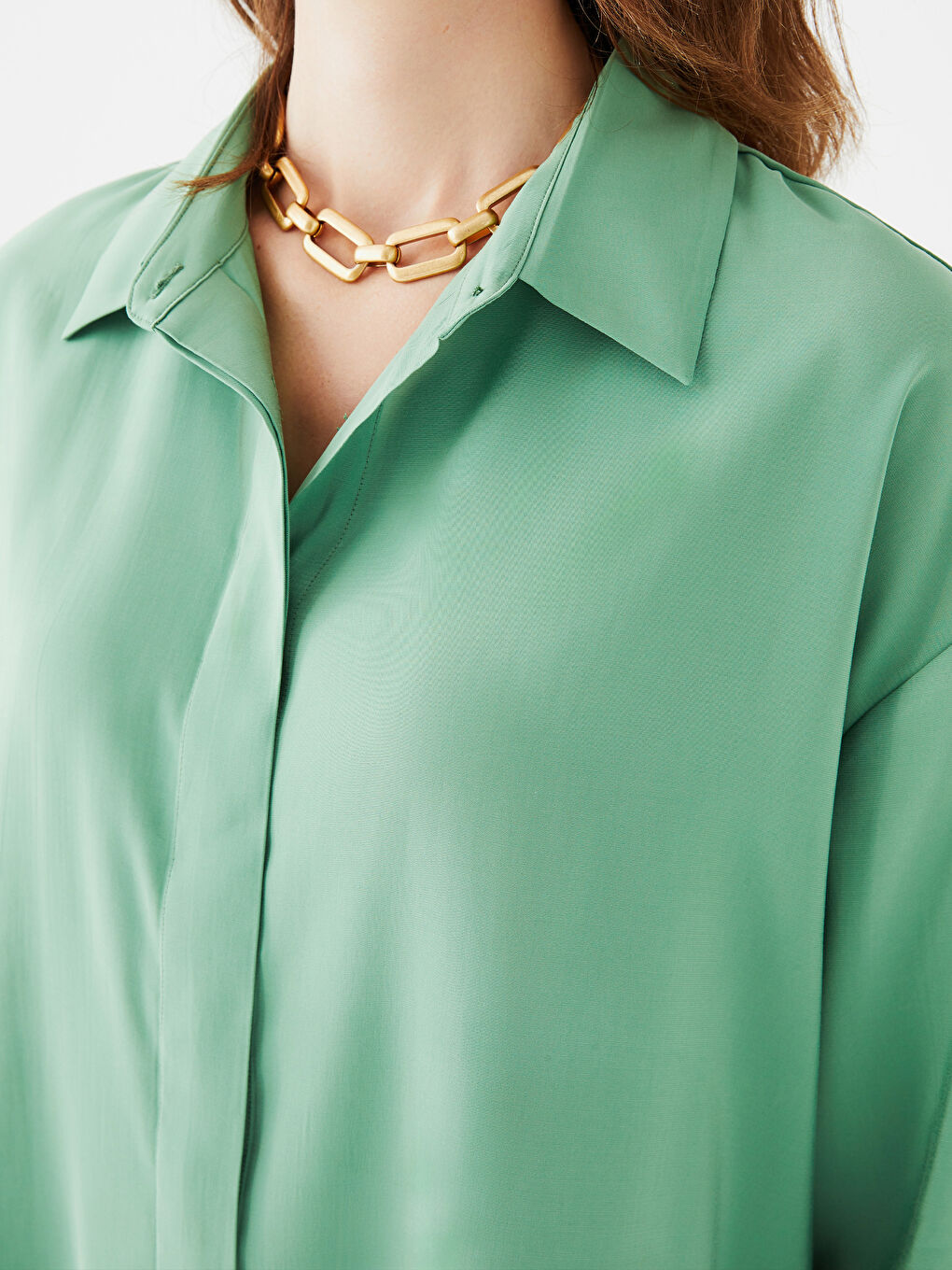 Yeşil Düz Uzun Kollu Kadın Gömlek Tunik-3