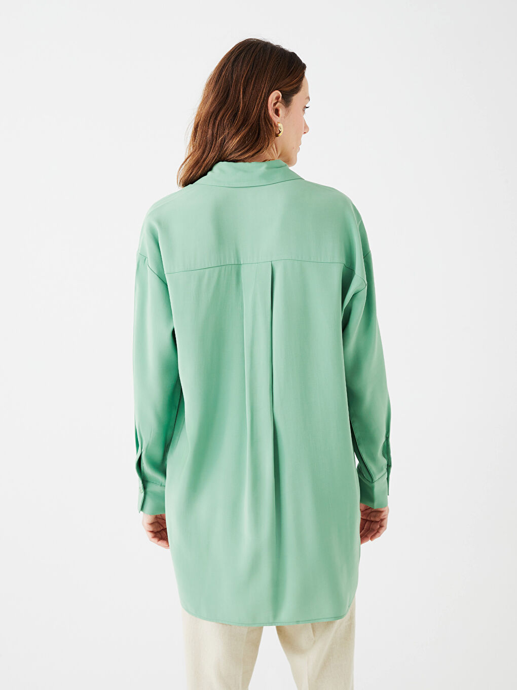 Yeşil Düz Uzun Kollu Kadın Gömlek Tunik-4