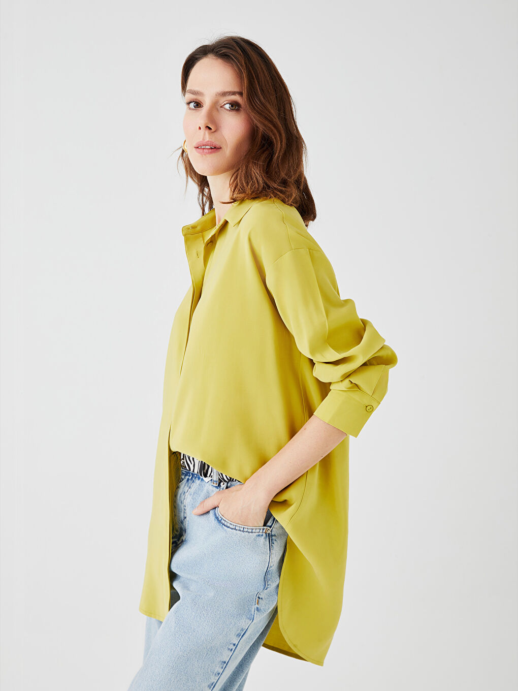 Yeşil Düz Uzun Kollu Kadın Gömlek Tunik