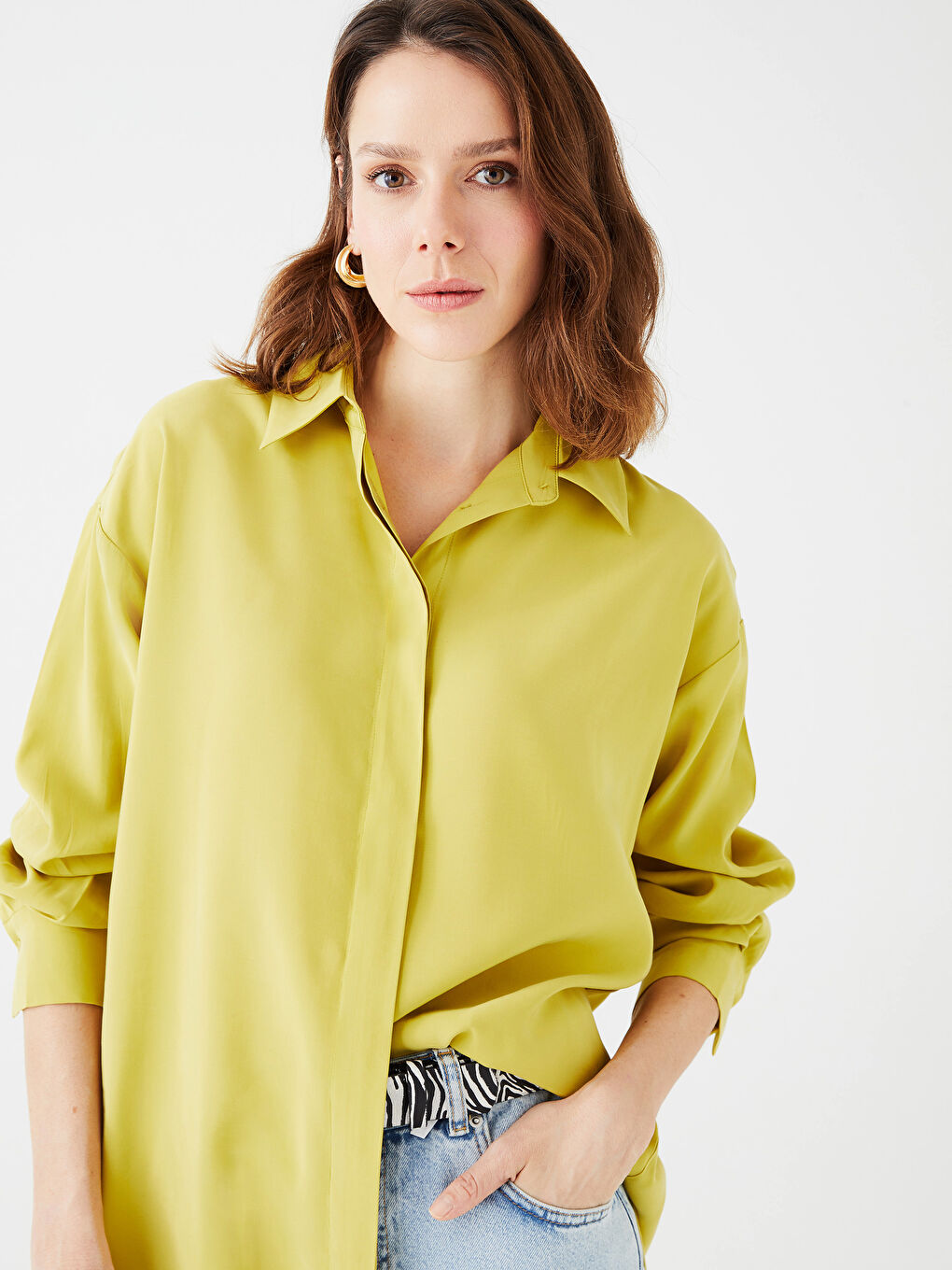 Yeşil Düz Uzun Kollu Kadın Gömlek Tunik-1