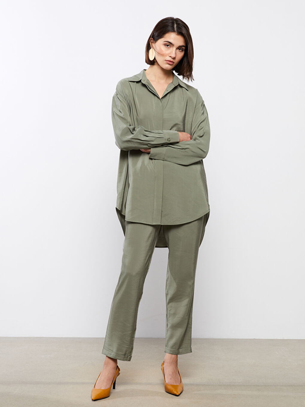 Haki Düz Uzun Kollu Kadın Gömlek Tunik-1