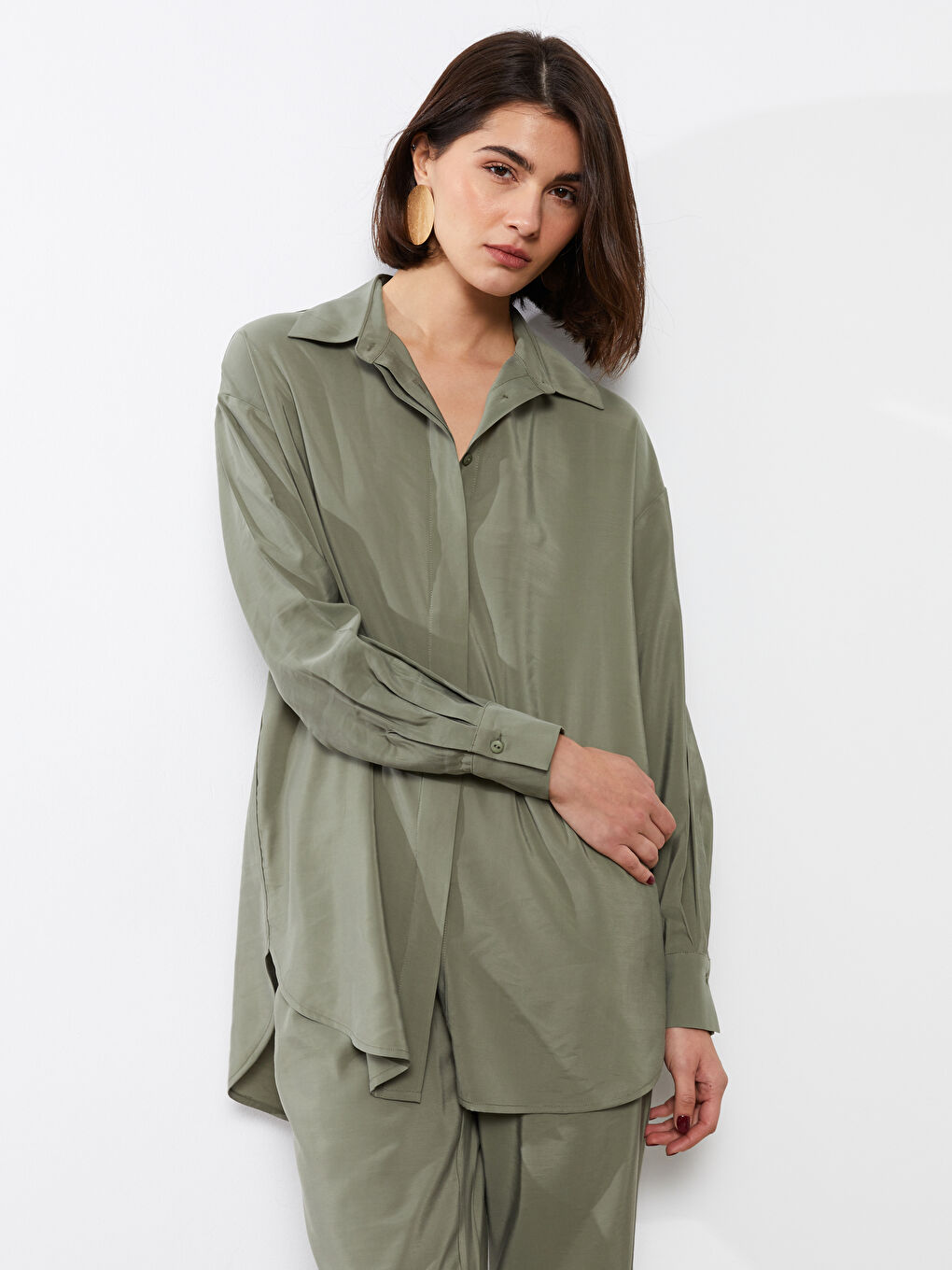 Haki Düz Uzun Kollu Kadın Gömlek Tunik-2