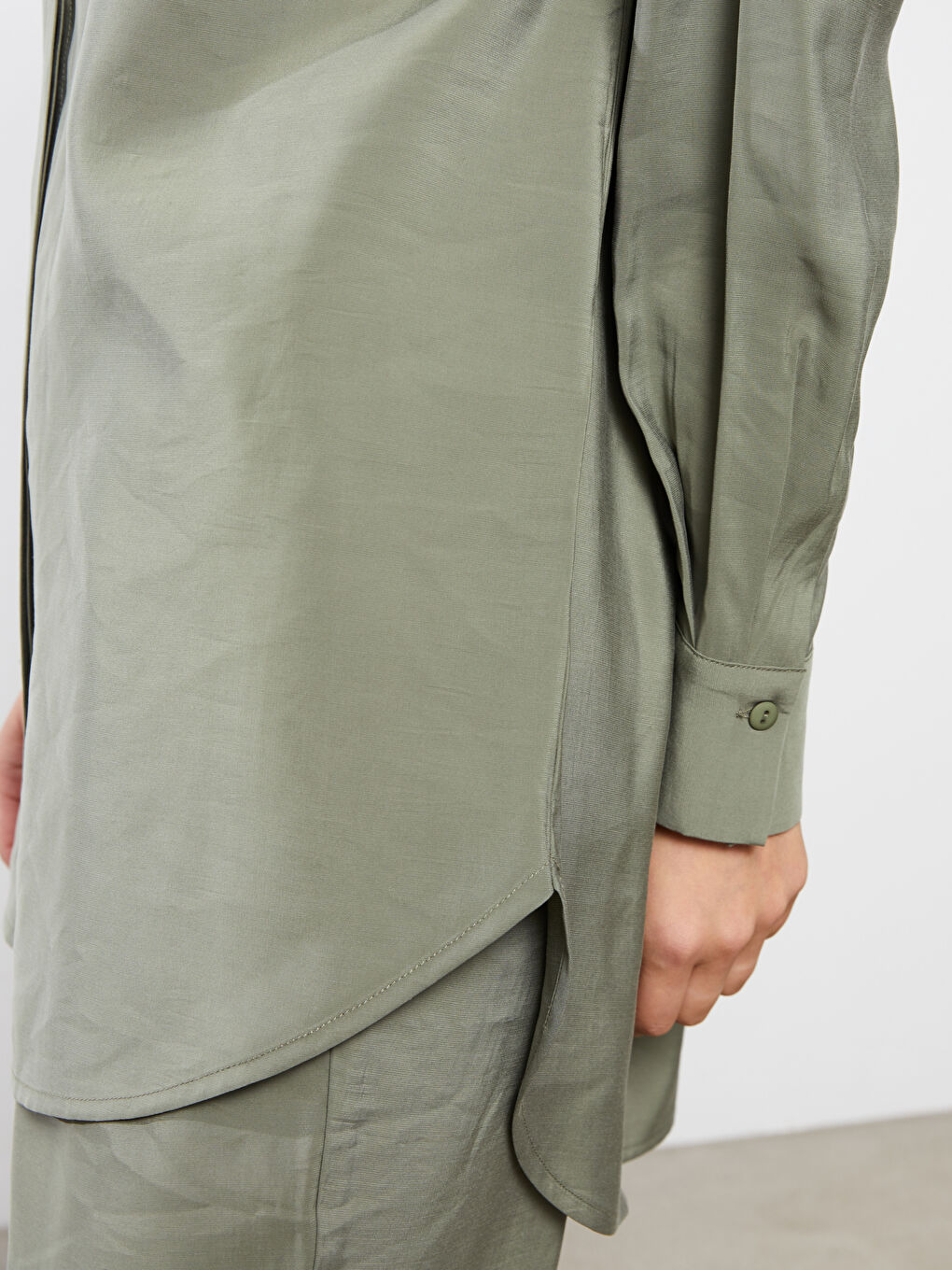 Haki Düz Uzun Kollu Kadın Gömlek Tunik-3