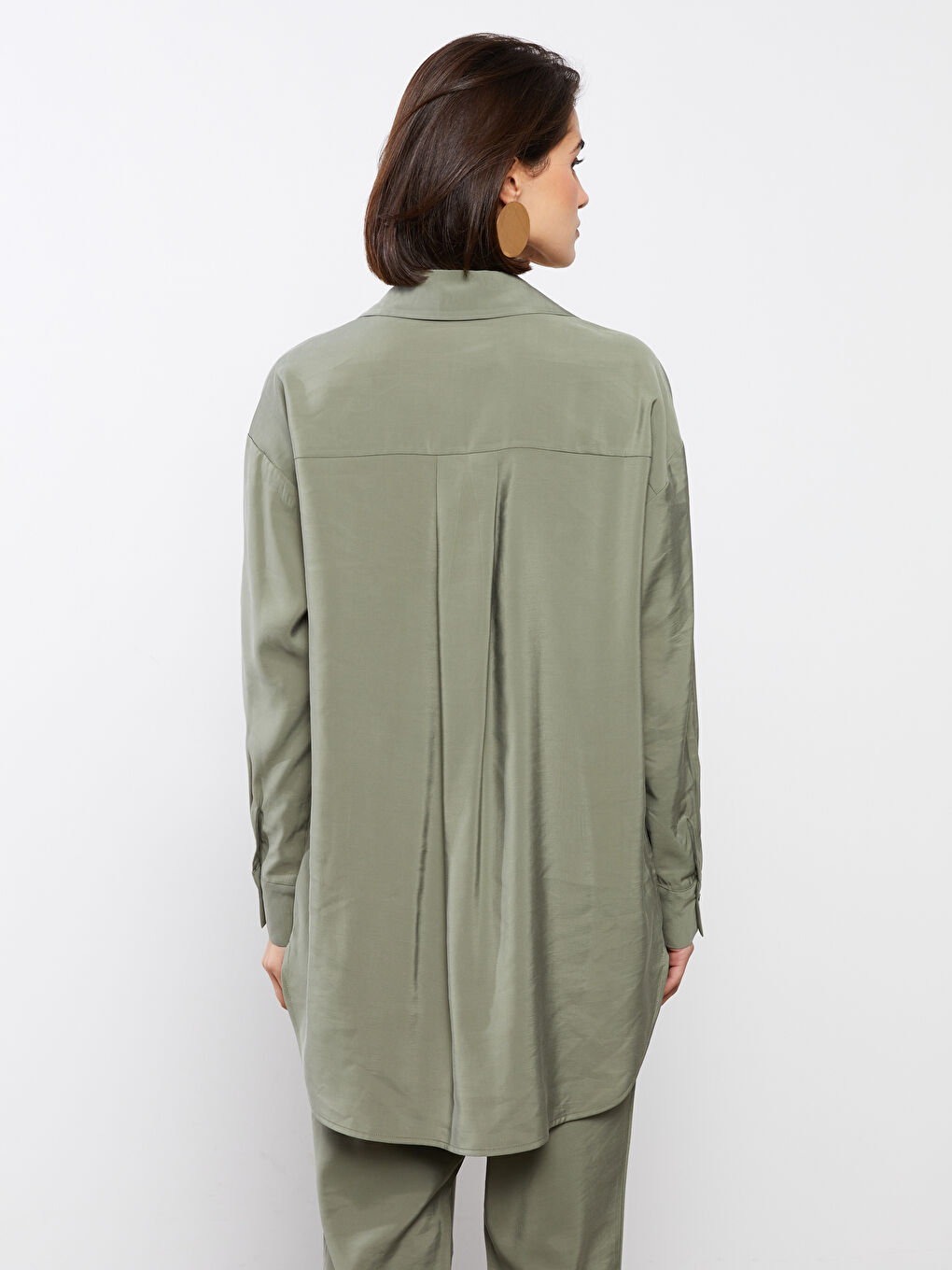 Haki Düz Uzun Kollu Kadın Gömlek Tunik-4
