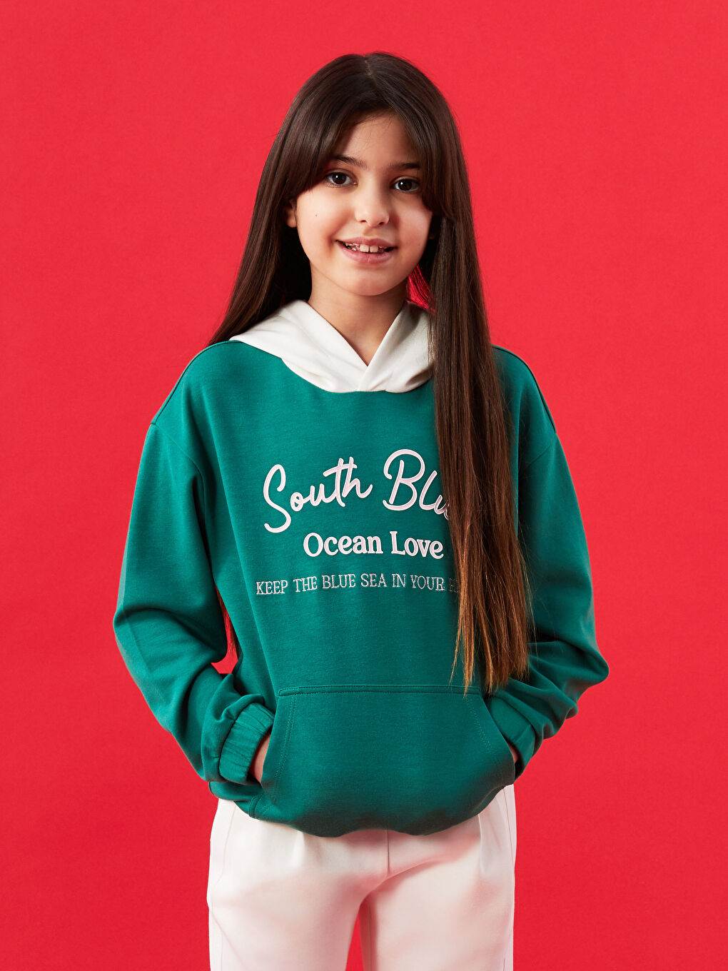 Yeşil Kapüşonlu Baskılı Uzun Kollu Kız Çocuk Sweatshirt