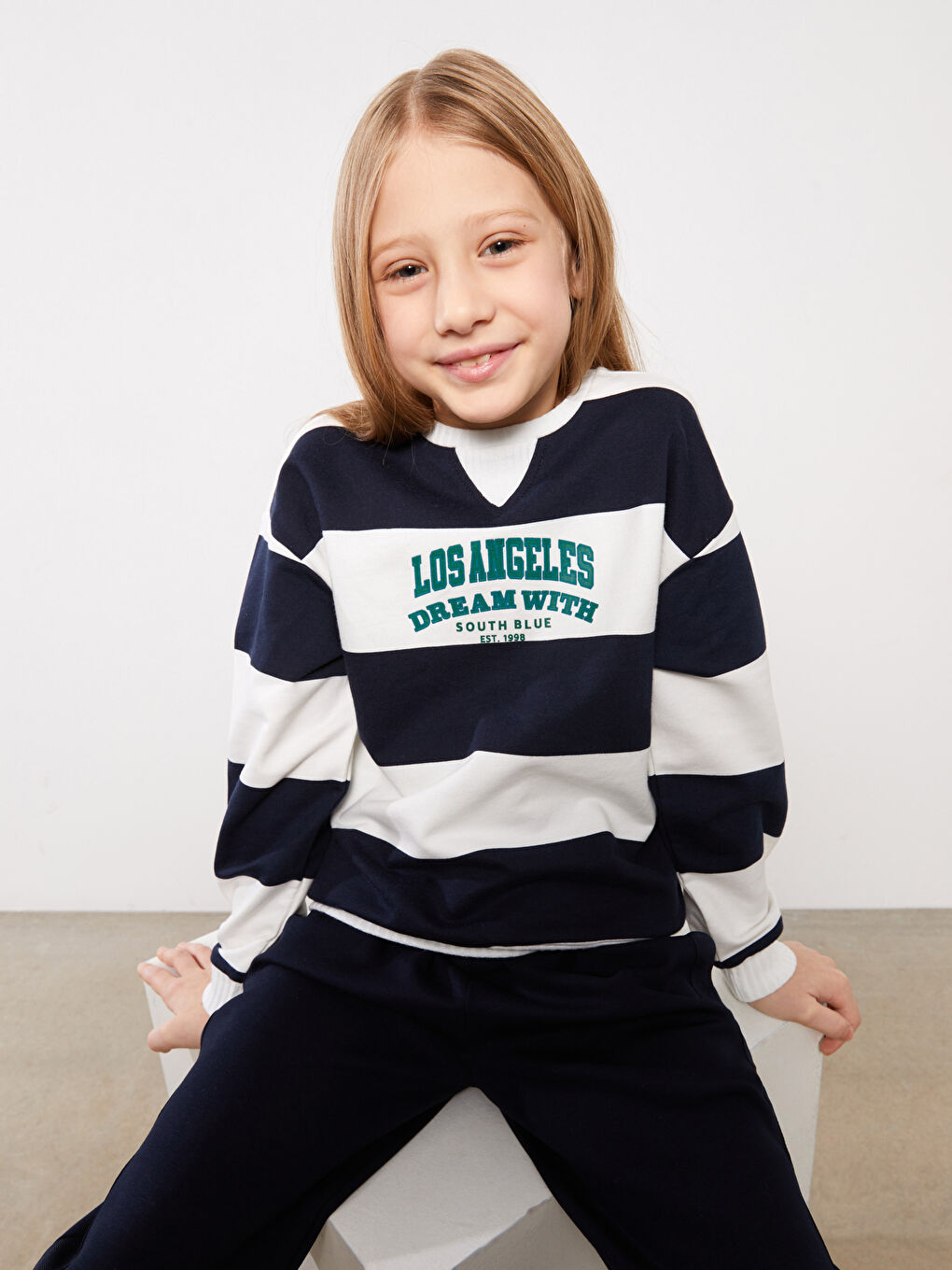 Crew Neck Striped Long Sleeve Girls' Sweatshirt