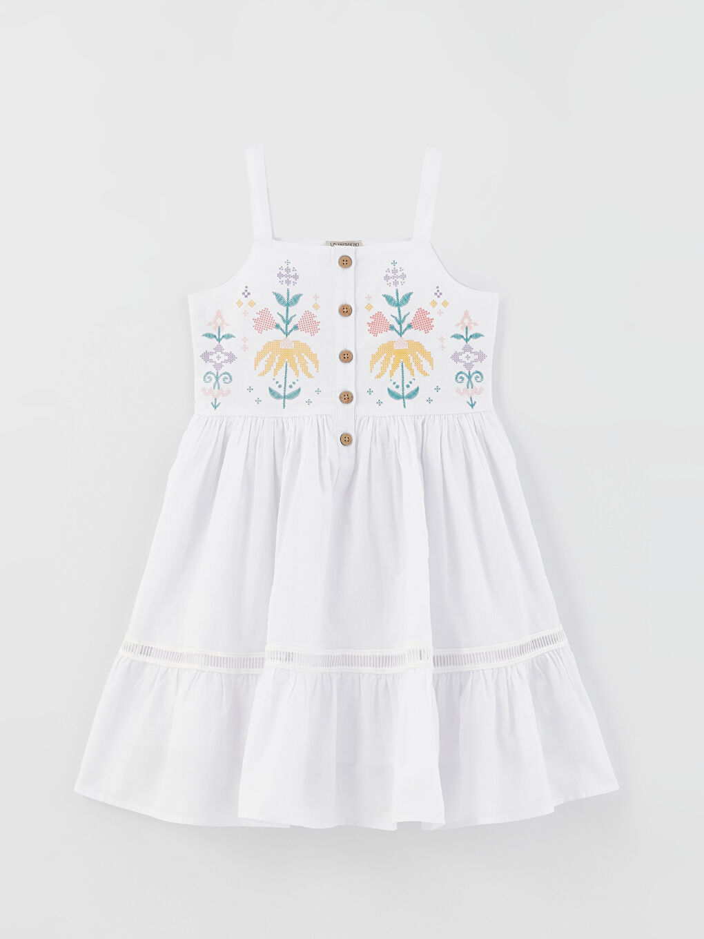 Square Neck Embroidered Strappy Poplin Girl Dress