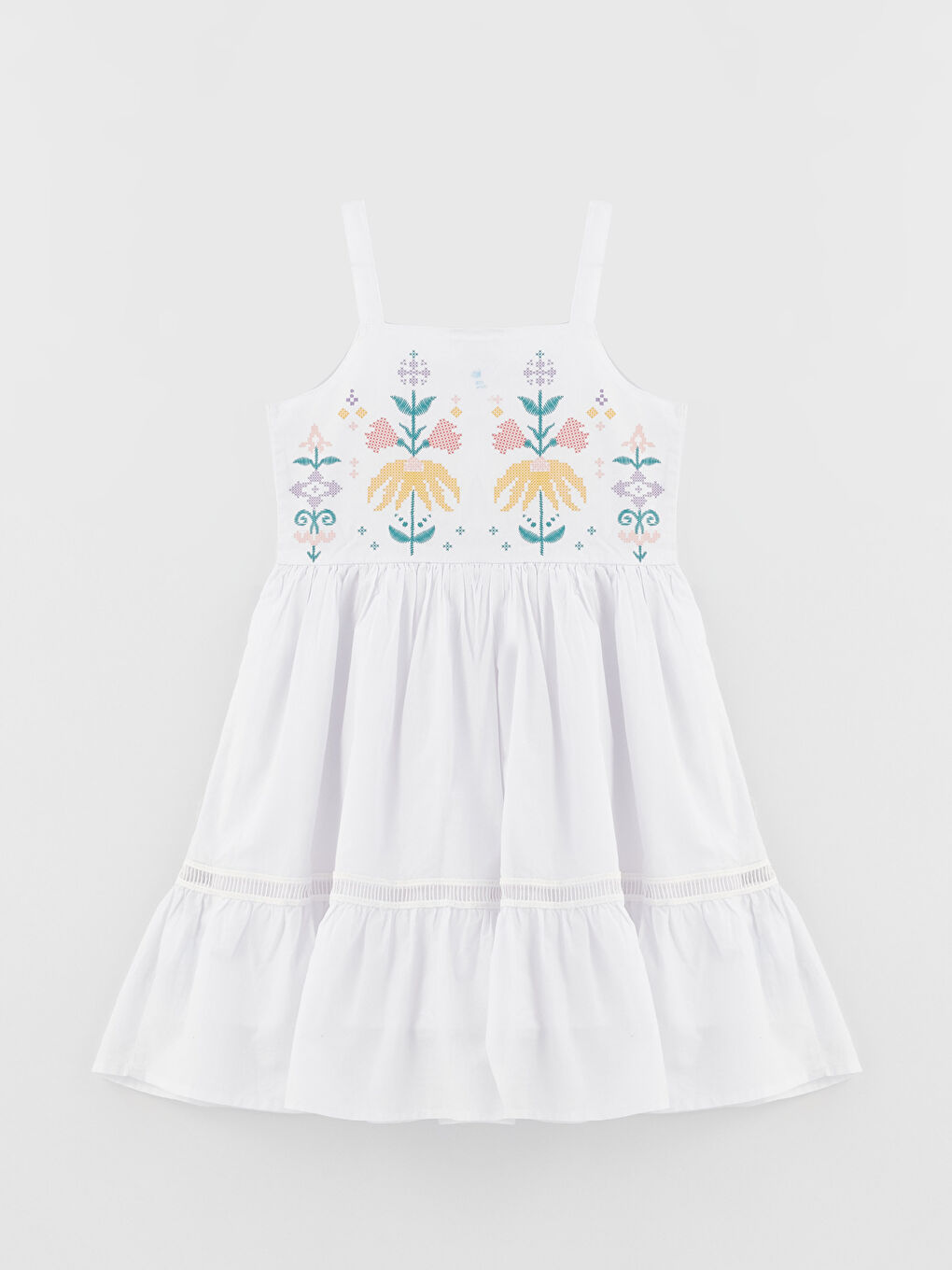 Square Neck Embroidered Strappy Poplin Girl Dress-1