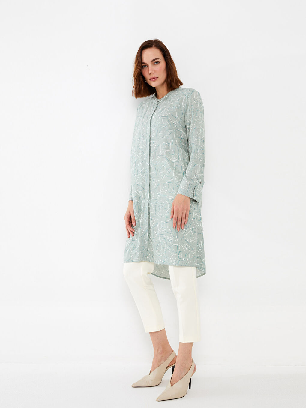 Yeşil Hakim Yaka Desenli Uzun Kollu Kadın Tunik