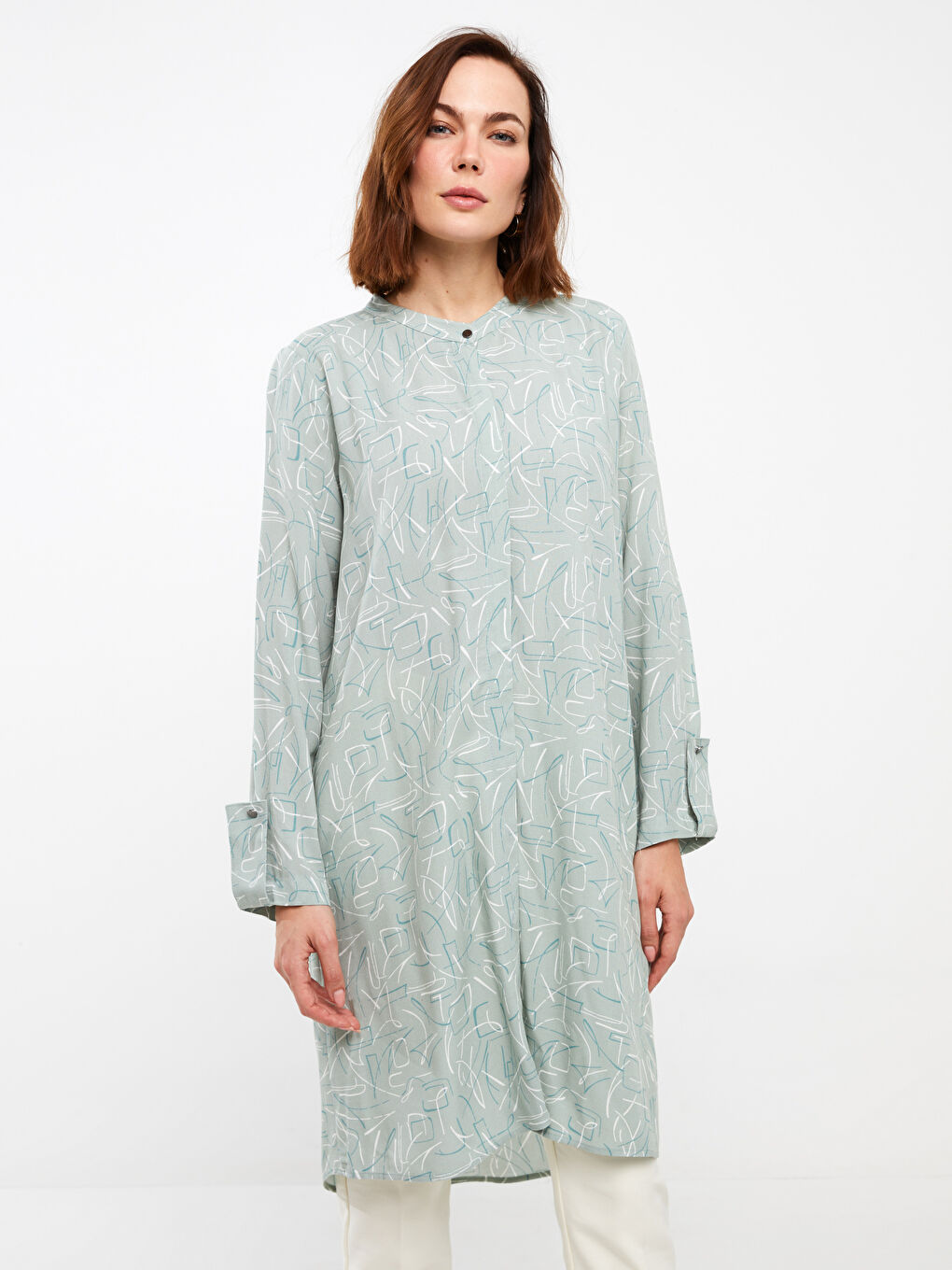 Yeşil Hakim Yaka Desenli Uzun Kollu Kadın Tunik-1