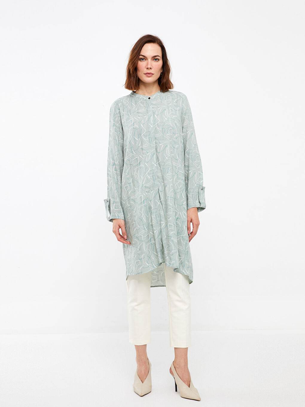 Yeşil Hakim Yaka Desenli Uzun Kollu Kadın Tunik-2