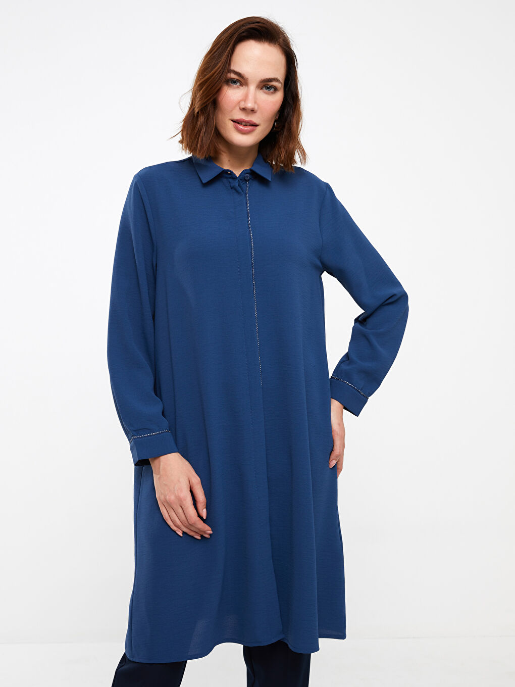 İndigo Düz Uzun Kollu Kadın Gömlek Tunik