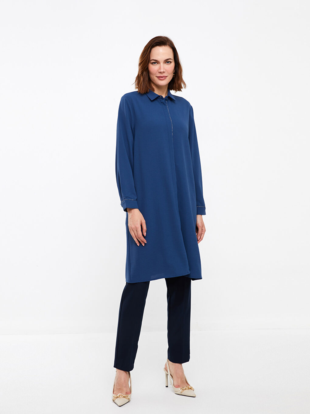 İndigo Düz Uzun Kollu Kadın Gömlek Tunik-1
