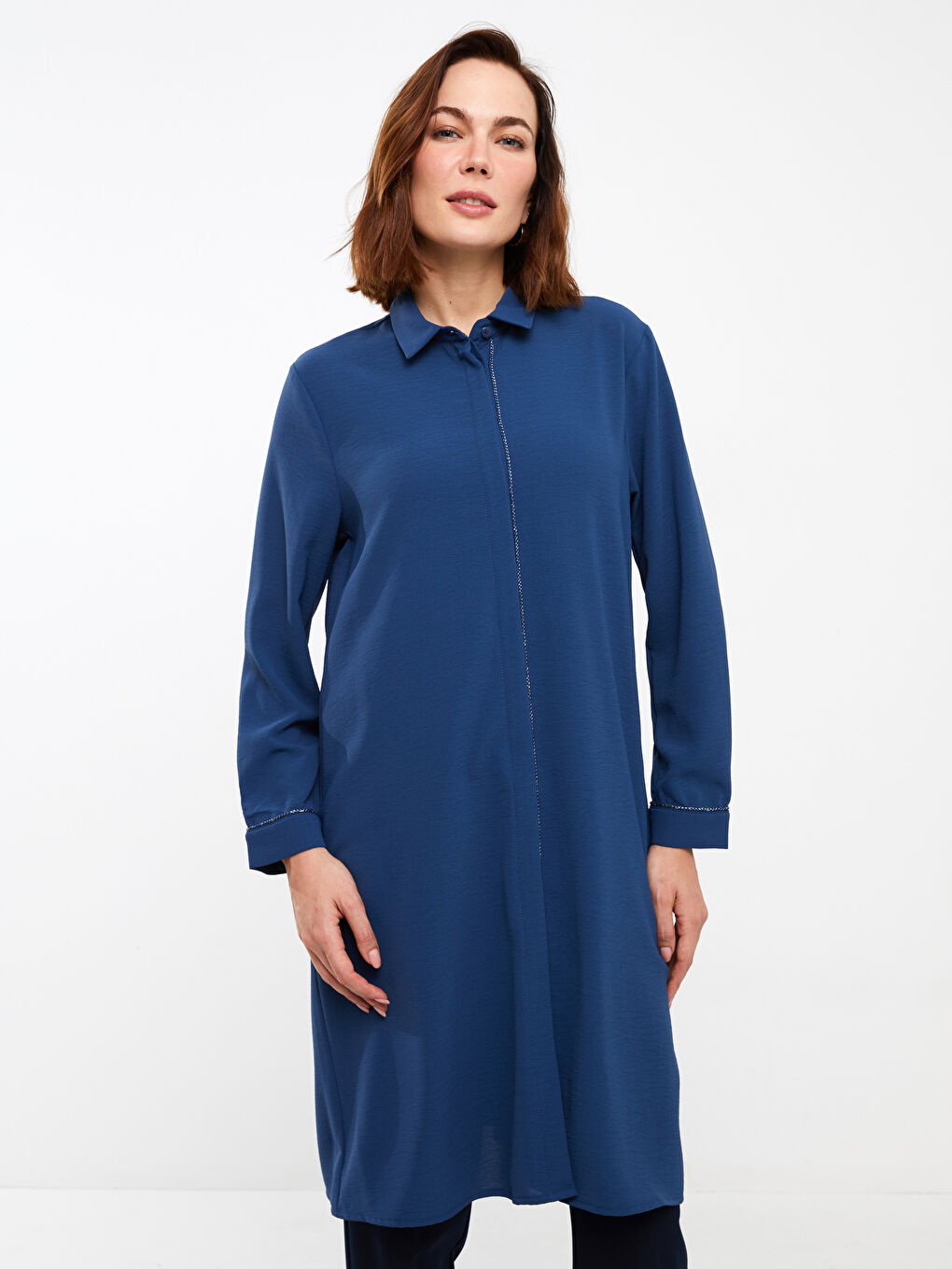 İndigo Düz Uzun Kollu Kadın Gömlek Tunik-2