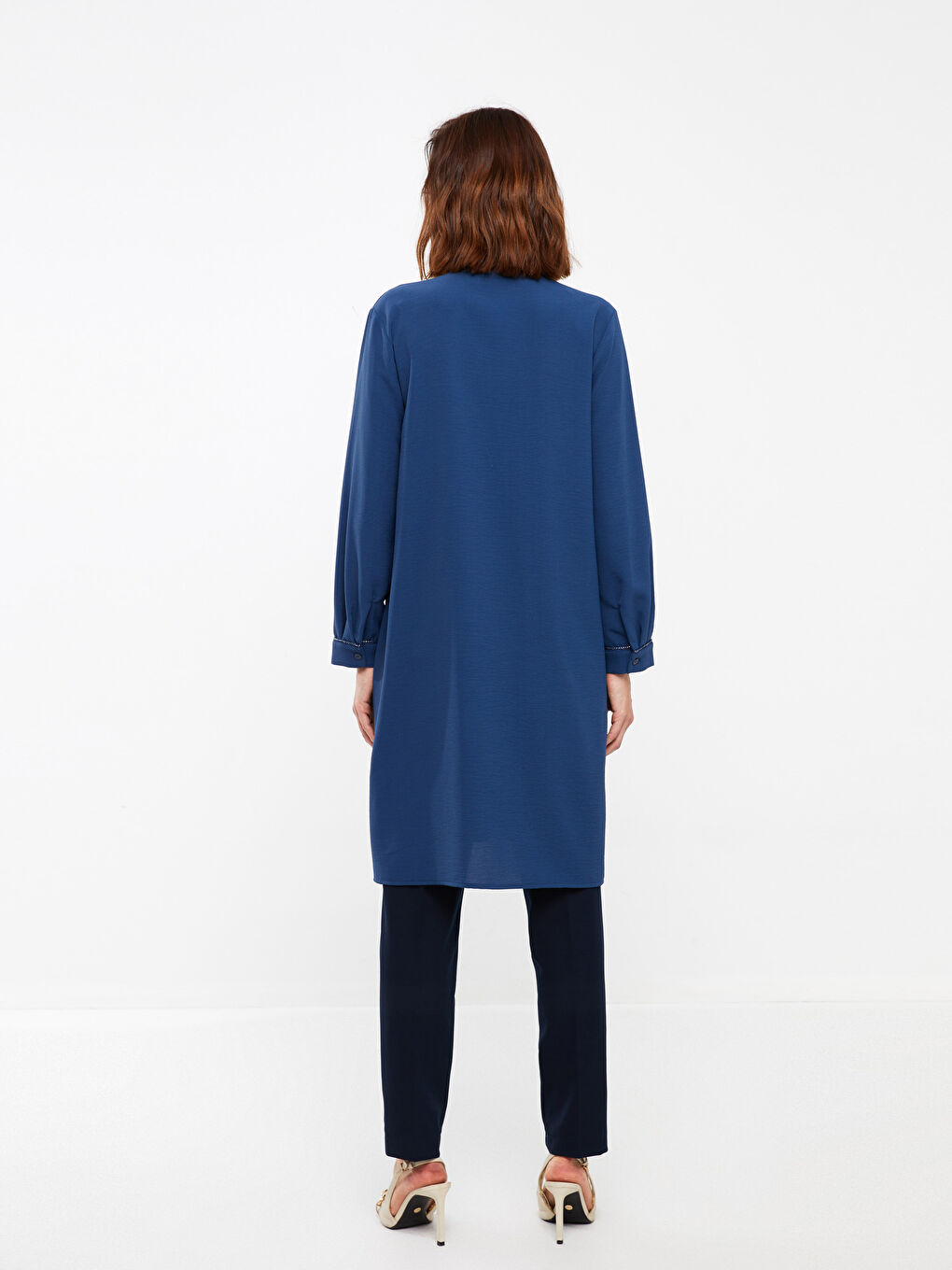 İndigo Düz Uzun Kollu Kadın Gömlek Tunik-4