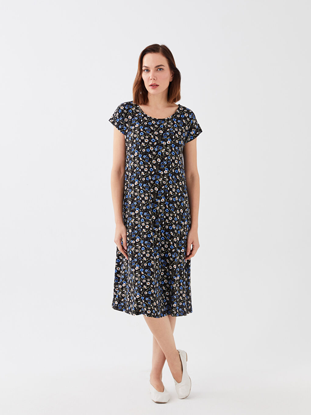 Mavi Bisiklet Yaka Çiçekli Kısa Kollu Kadın Elbise-1