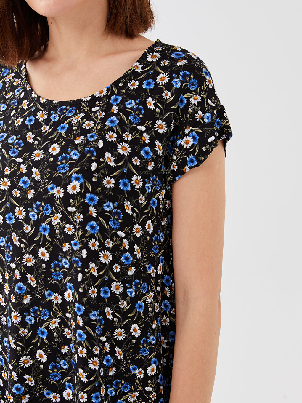 Mavi Bisiklet Yaka Çiçekli Kısa Kollu Kadın Elbise-2