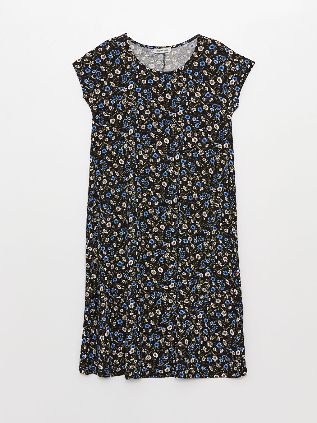 Mavi Bisiklet Yaka Çiçekli Kısa Kollu Kadın Elbise-4