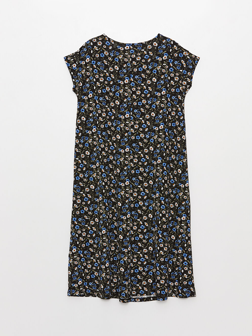 Mavi Bisiklet Yaka Çiçekli Kısa Kollu Kadın Elbise-5