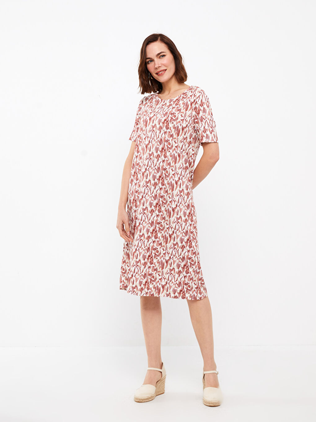 LCW Grace Crew Neck Patterned Short Sleeve A-Cut Women's Dress -S3AL76Z8-LSR
