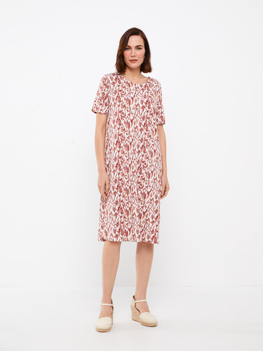 LCW Grace Crew Neck Patterned Short Sleeve A-Cut Women's Dress -S3AL76Z8-LSR