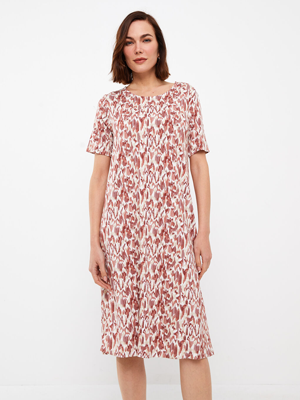 LCW Grace Crew Neck Patterned Short Sleeve A-Cut Women's Dress -S3AL76Z8-LSR