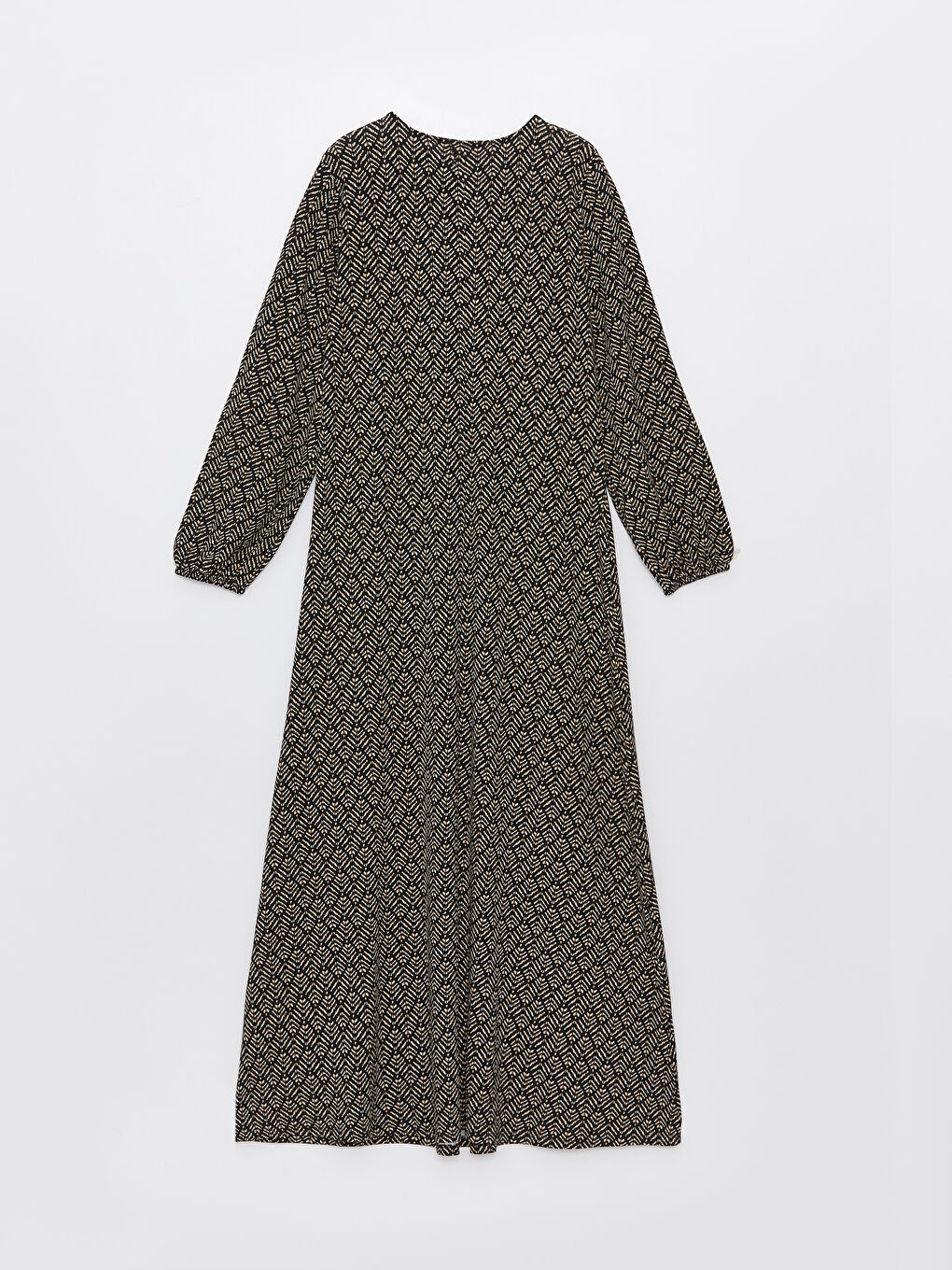 Siyah Bisiklet Yaka Desenli Uzun Kollu A Kesim Elbise-6