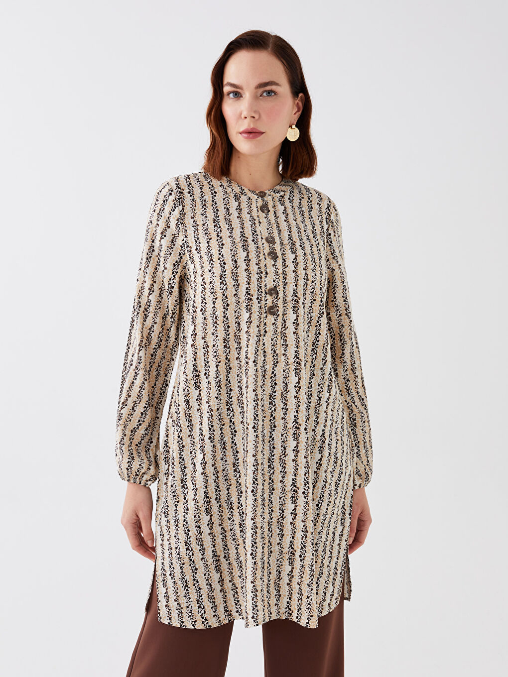 Bej Bisiklet Yaka Desenli Uzun Kollu Kadın Tunik-1