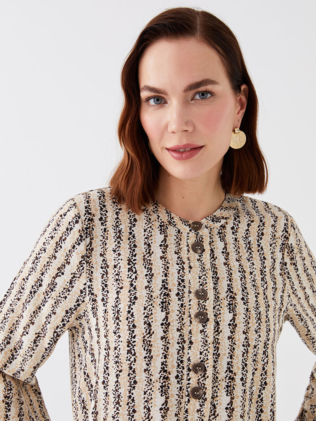 Bej Bisiklet Yaka Desenli Uzun Kollu Kadın Tunik-2