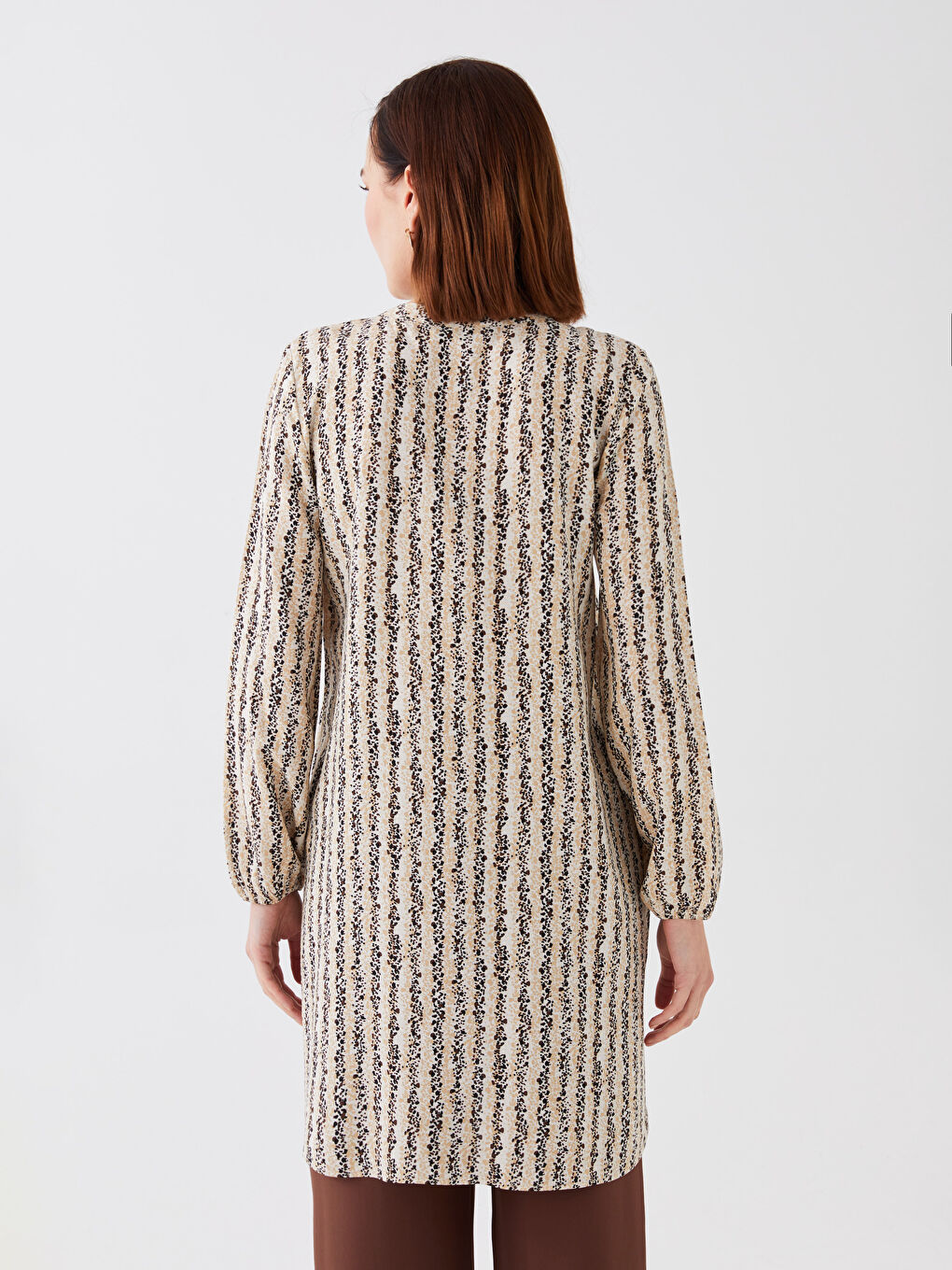 Bej Bisiklet Yaka Desenli Uzun Kollu Kadın Tunik-4