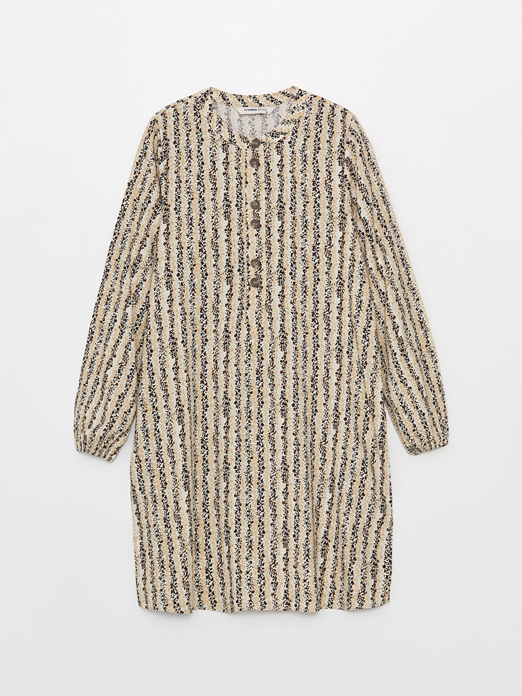 Bej Bisiklet Yaka Desenli Uzun Kollu Kadın Tunik-5