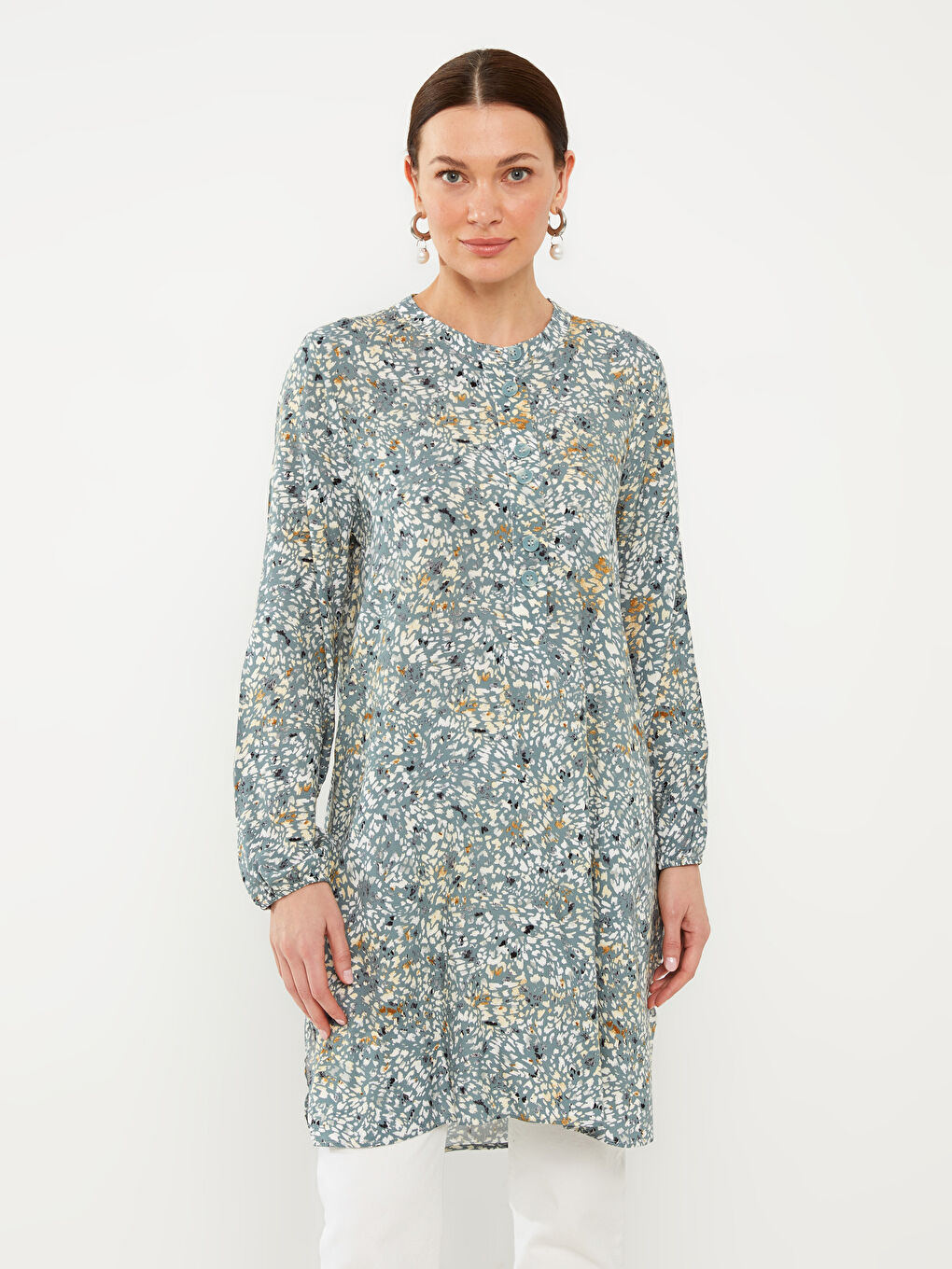 Yeşil Bisiklet Yaka Desenli Uzun Kollu Kadın Tunik