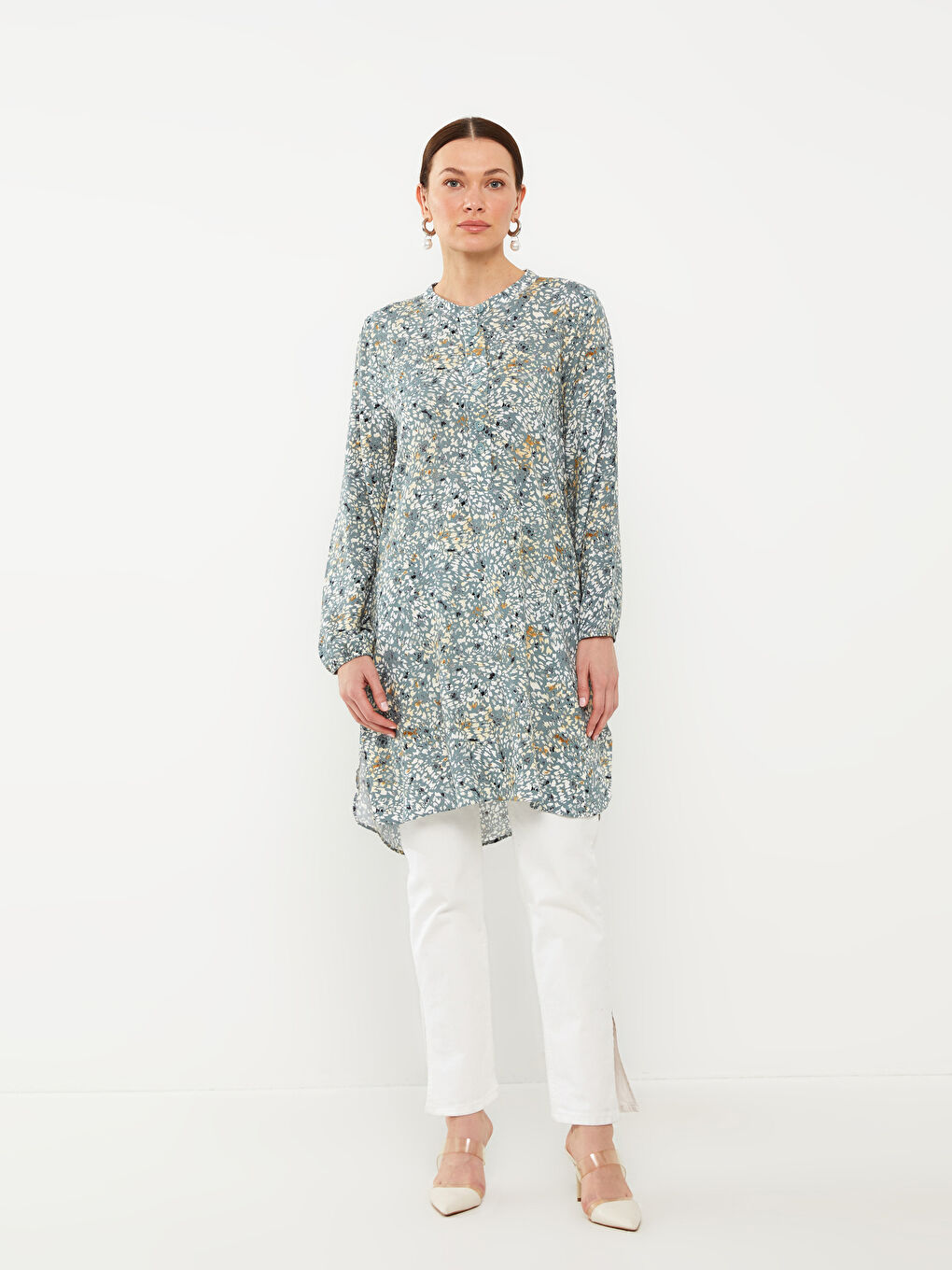 Yeşil Bisiklet Yaka Desenli Uzun Kollu Kadın Tunik-1