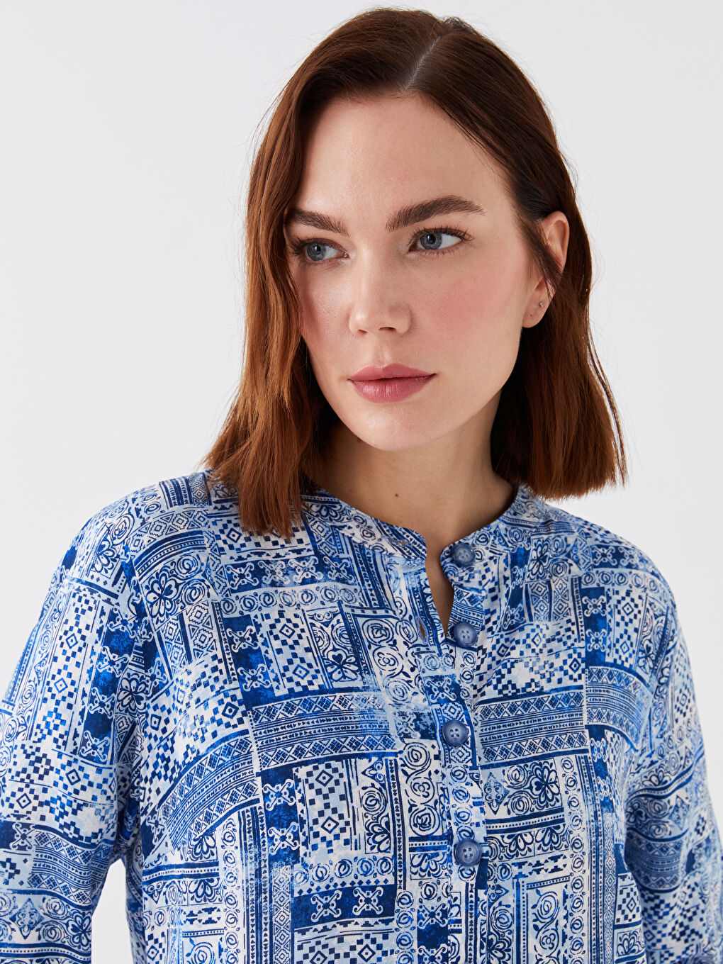 Lacivert Hakim Yaka Desenli Uzun Kollu Kadın Tunik-2