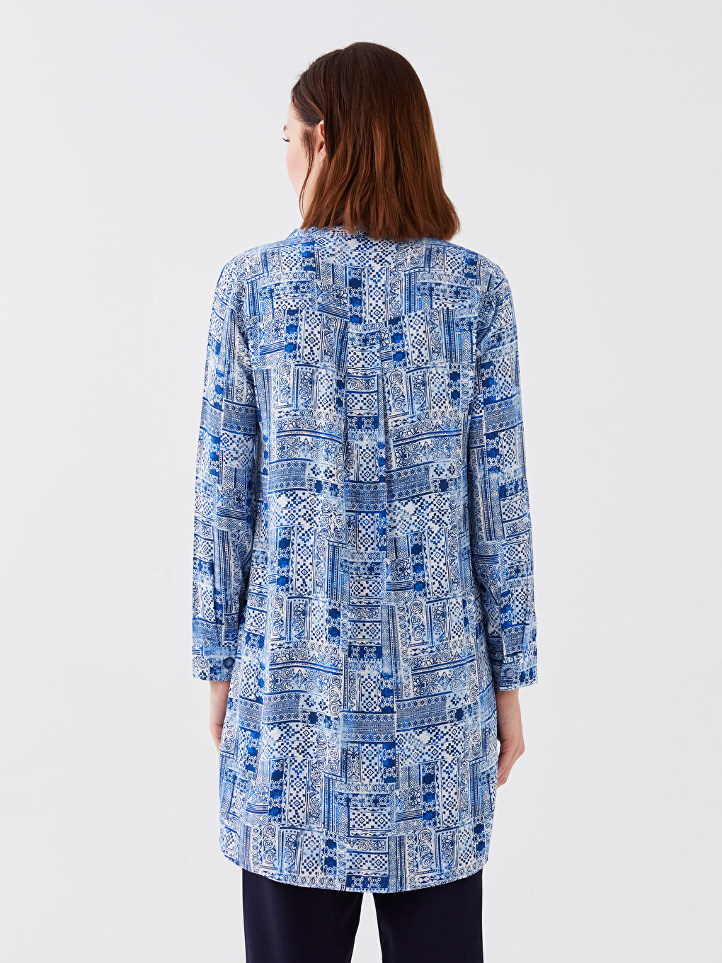 Lacivert Hakim Yaka Desenli Uzun Kollu Kadın Tunik-4