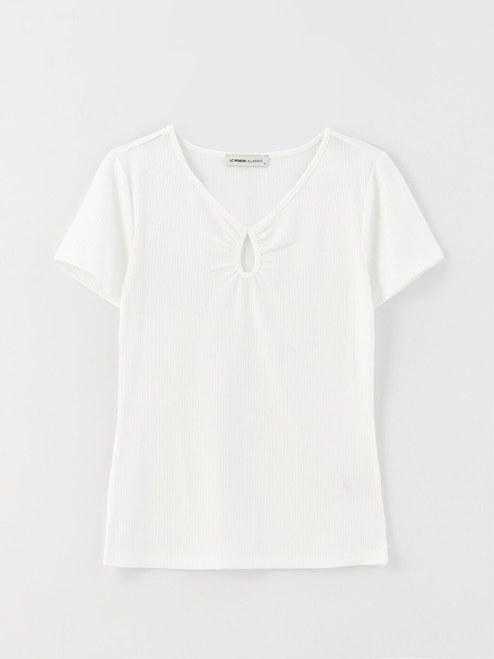 Ekru Kadın V Yaka Düz Kısa Kollu Bluz-4