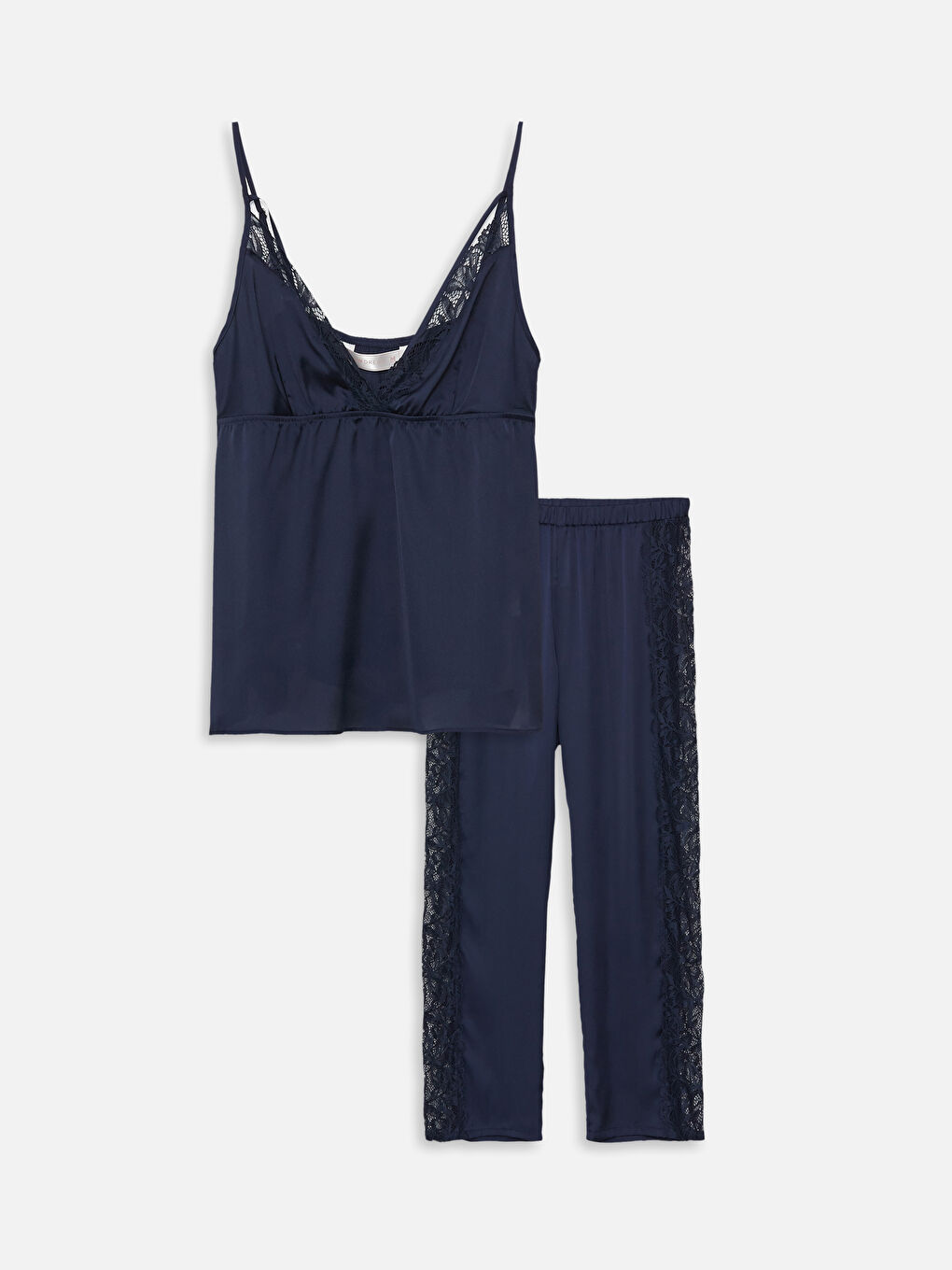 Lacivert V Yaka Dantel Detaylı Askılı Saten Kadın Pijama Takımı-6